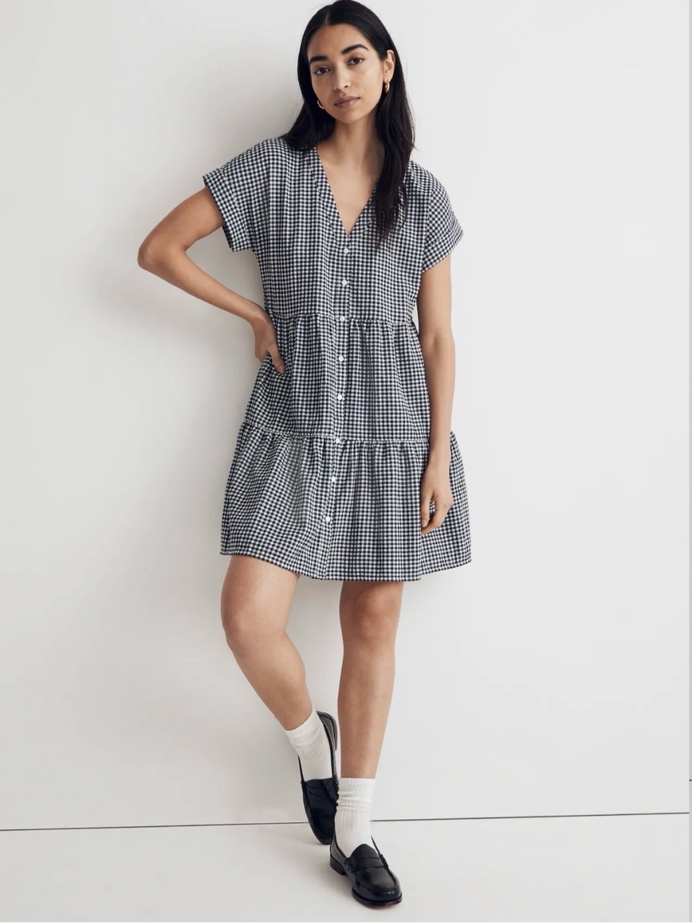 Madewell Cuff-Sleeve Button-Front Tiered Mini Dress in Gingham Check